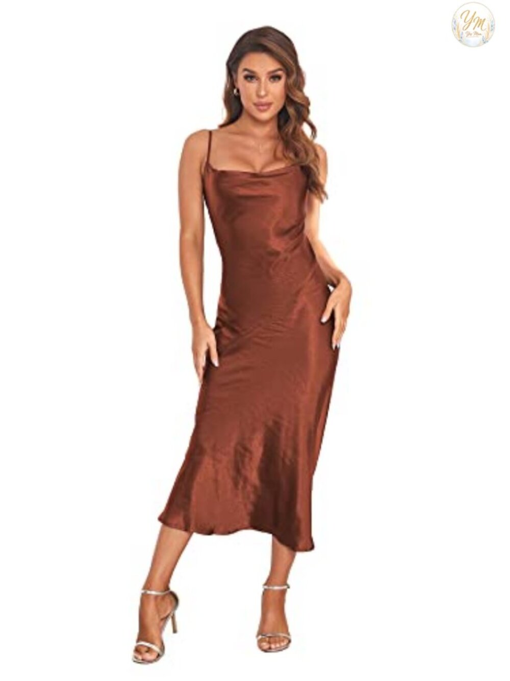 Satin Spaghetti Strap Midi Dress Cowl Neck Backless Party